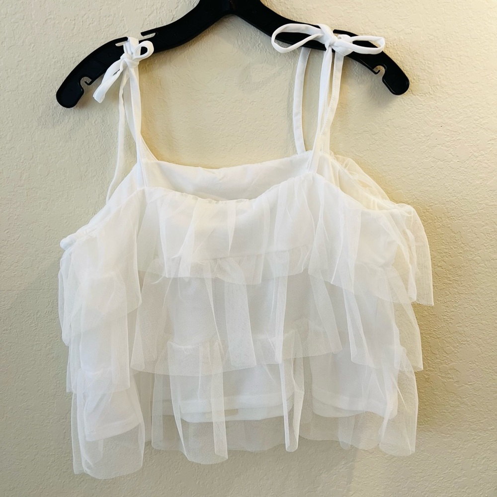 RACHEL ZOE WOMEN WHITE RUFFLES MESH TOP